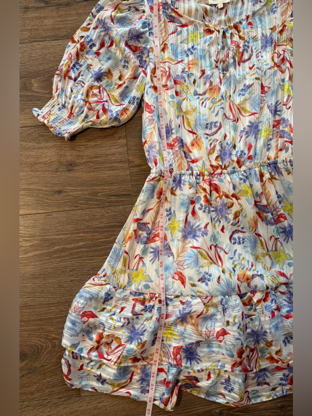 Melloday Floral Print Tiered Ruffle Mini Dress Smocked Waist Shimmer Large - Picture 9 of 10